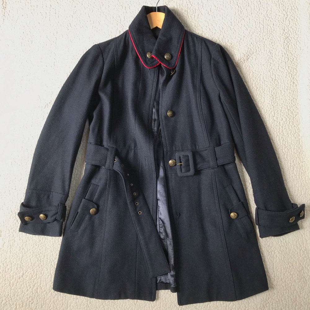 Navy Belted Military-Style Wool Blend Pea Coat with Red Trim - S